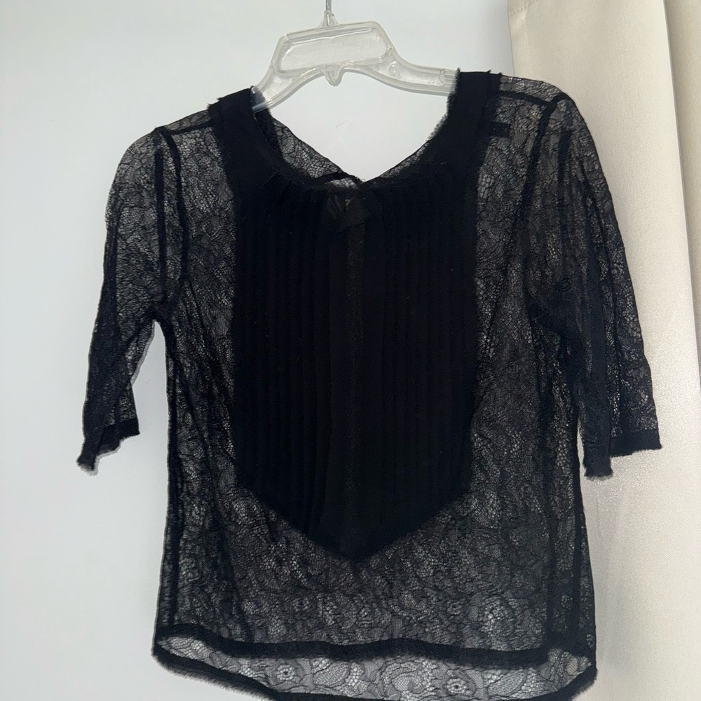 BCBGMaxAzria Black Lace Sheer Pleated Bib Blouse
